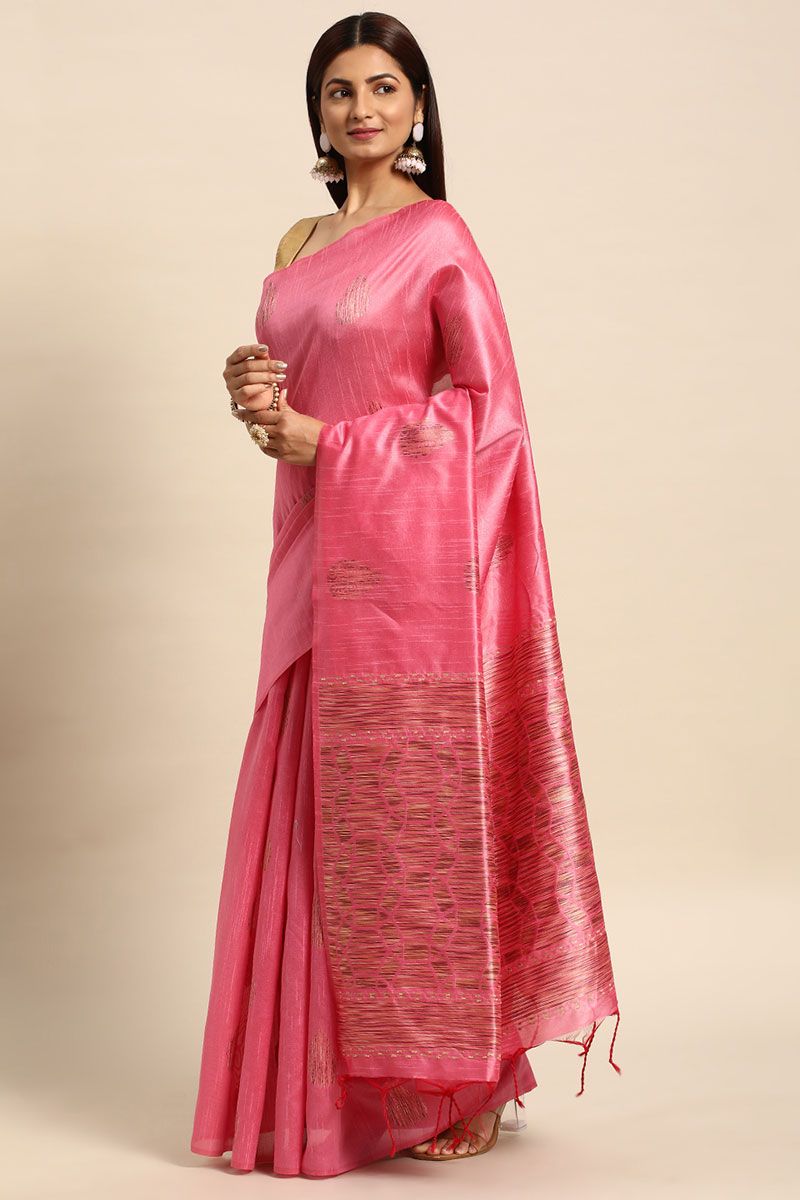 Cherry Pink Handloom Weaving Raw Silk Saree