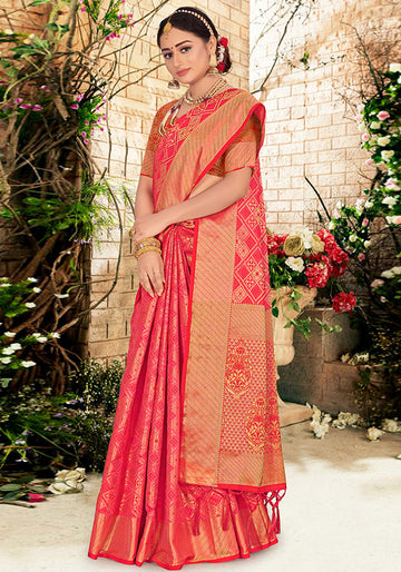 Cherry Pink Woven Silk Saree for Party