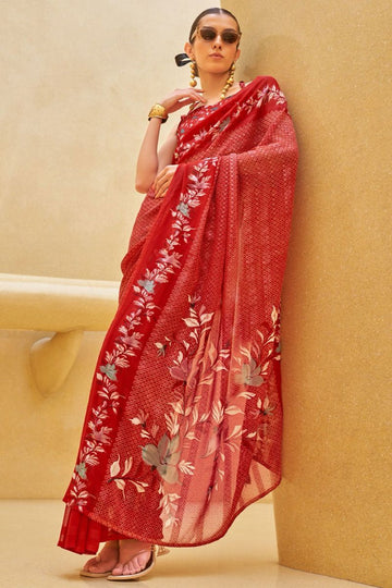 Cherry Red Georgette Saree with Floral Print