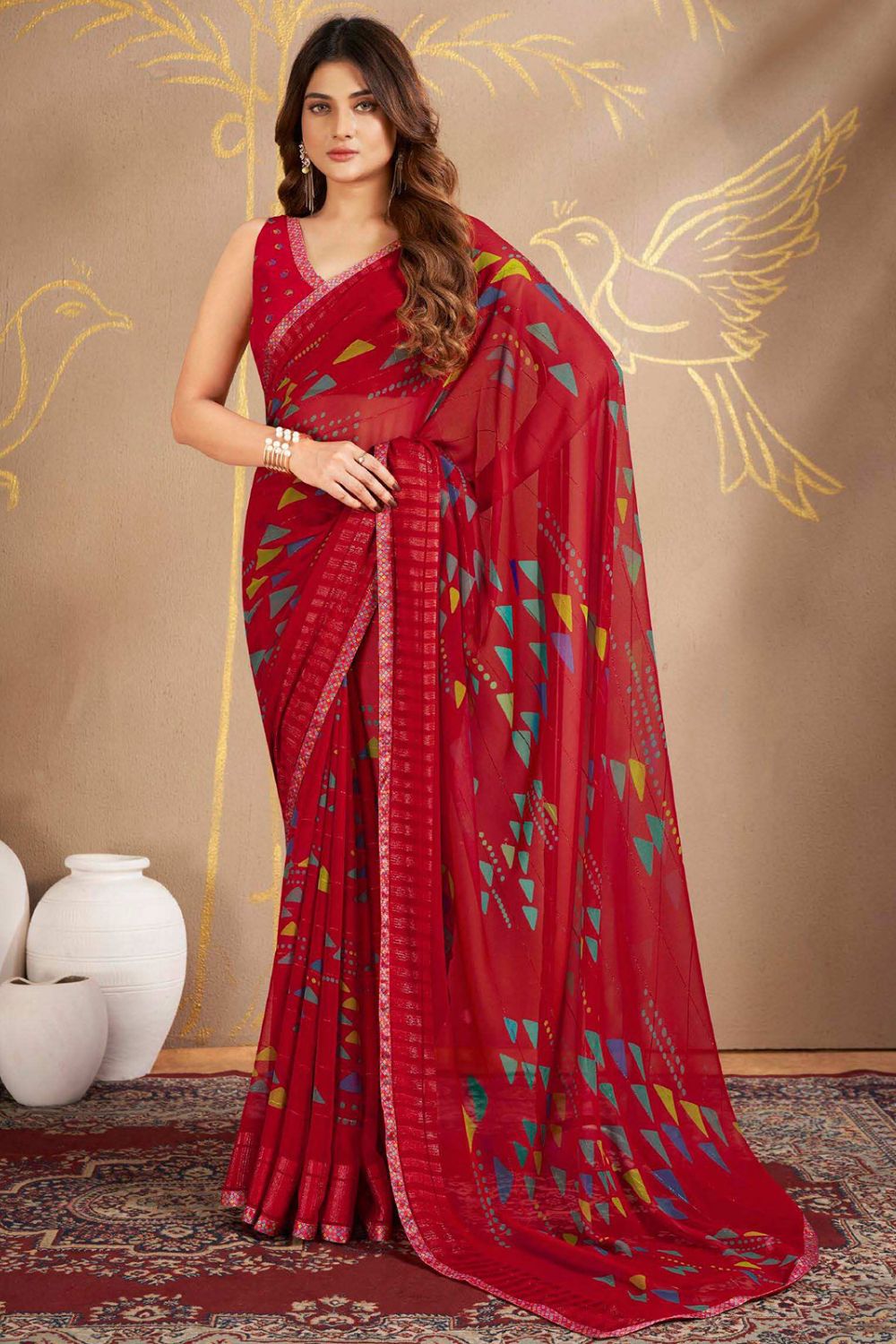 Cherry Red Printed Georgette Casual Wear Saree