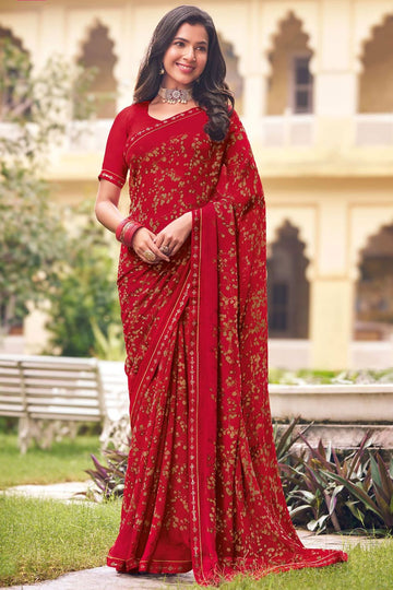 Cherry Red Printed Georgette Casual Wear Saree