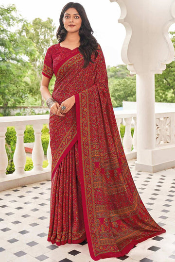 Cherry Red Crepe Casual Wear Saree