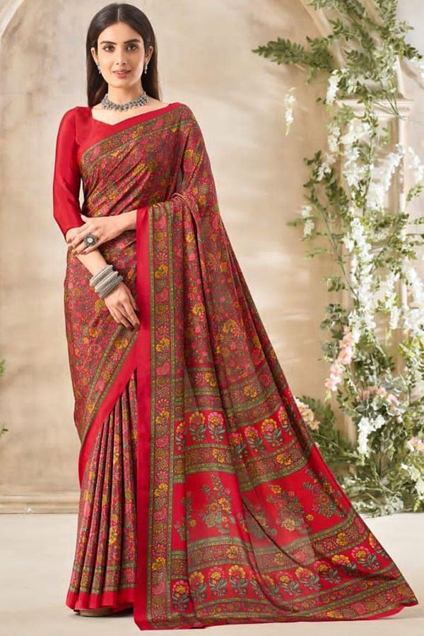 Cherry Red Printed Silk Crepe Saree for Party