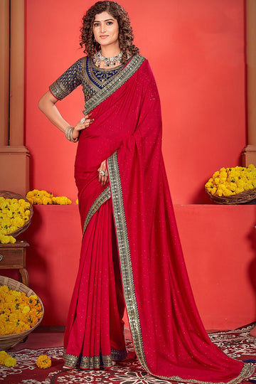 Cherry Red Silk Saree with Embroidered Border