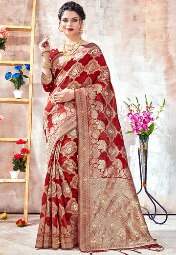 Cherry Red Woven Organza Saree for Party