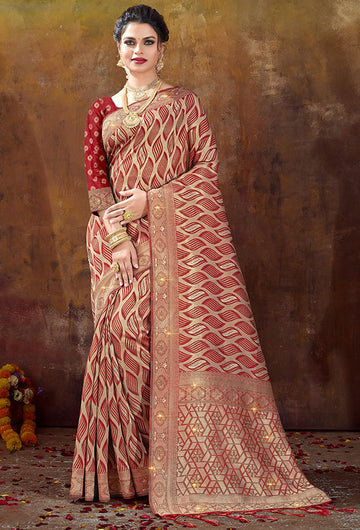 Cherry Red Woven Organza Saree for Party