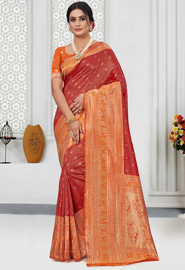 Cherry Red Weaving Work Silk Saree