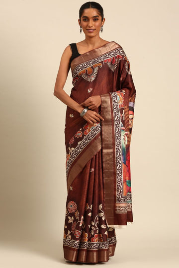 Chocolate Brown Digital Print Work Cotton Saree