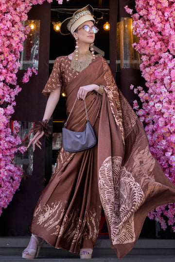 Chocolate Brown Digital Print Satin Crepe Saree for Party