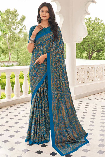 Cobalt Blue Crepe Casual Wear Saree