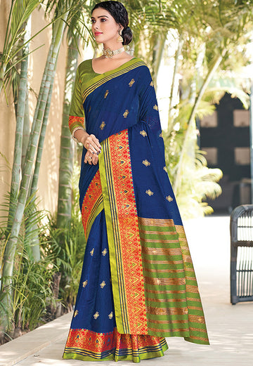 Cobalt Blue Printed Cotton Saree for Party