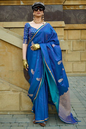 Cobalt Blue Pure Handloom Weaving Satin Silk Party Wear Saree