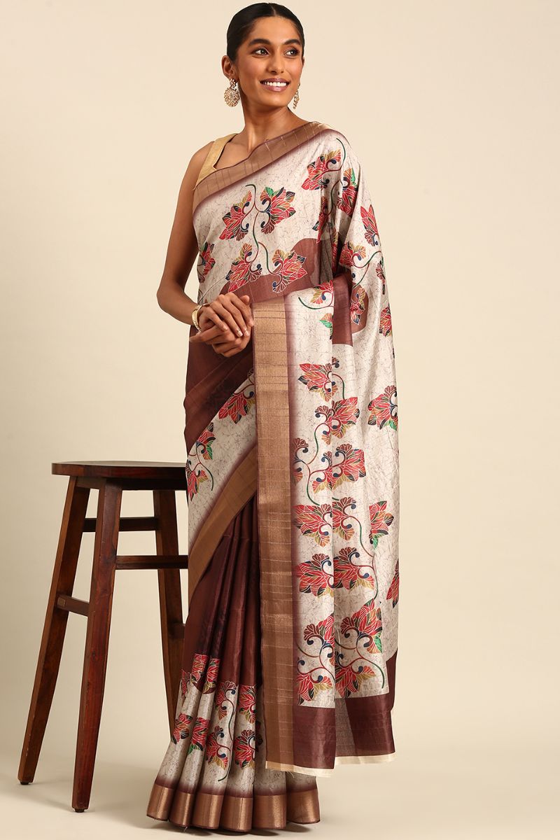 Coffee Brown and Ivory Cotton Digital Print Saree