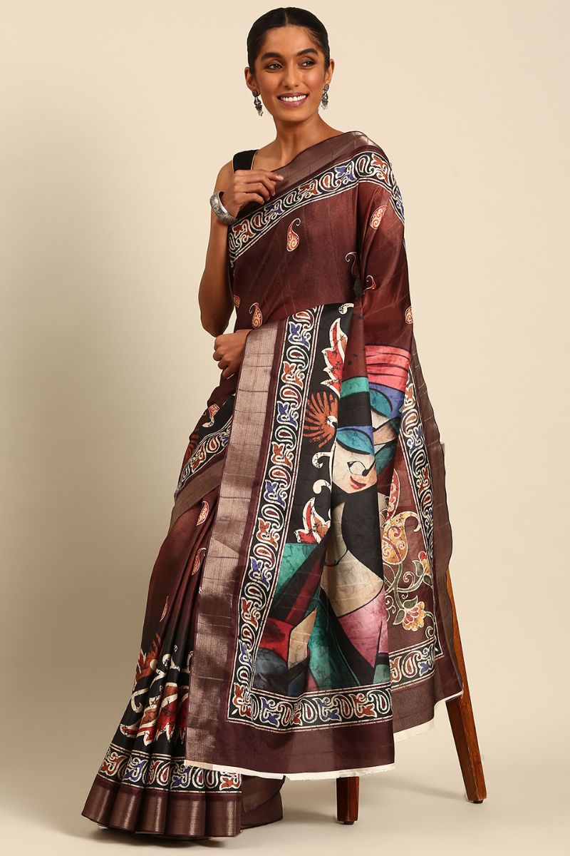 Coffee Brown Cotton Digital Print Saree