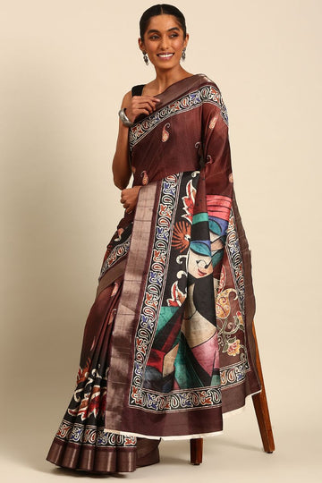 Coffee Brown Digital Print Work Cotton Saree