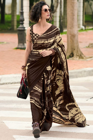 Coffee Brown Digital Print Satin Saree