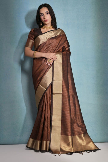 Coffee Brown Raw Silk Woven Party Wear Saree