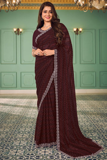 Coffee Brown Swarovski Embellished Chiffon Saree for Party