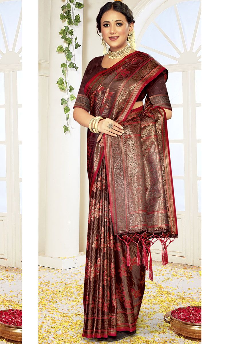 Coffee Brown Woven Satin Silk Saree