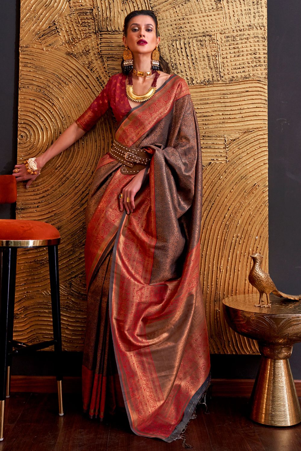 Copper Brown Handloom Zari Woven Saree for Festival