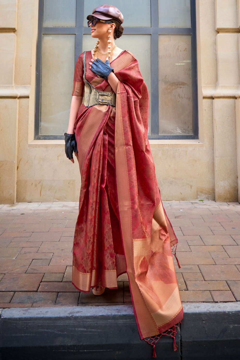 Copper Brown Woven Handloom Organza Saree for Party