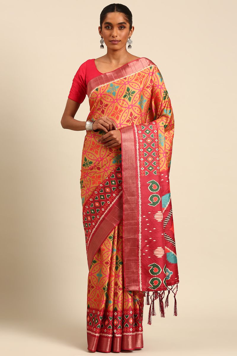 Coral Orange Cotton Digital Print Saree