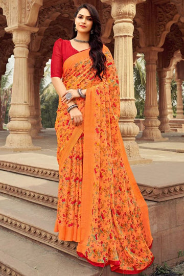 Coral Orange Floral Printed Chiffon Casual Wear Saree