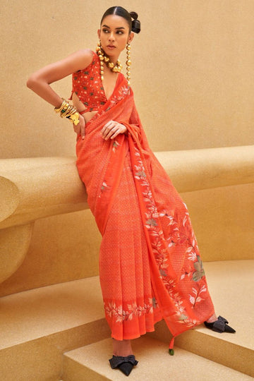 Coral Orange Georgette Saree with Floral Print