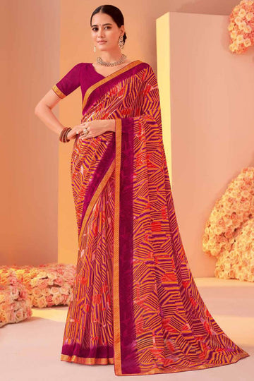 Coral Orange Printed Georgette Casual Wear Saree