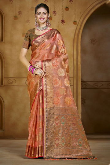 Coral Peach Jacquard Work Organza Saree