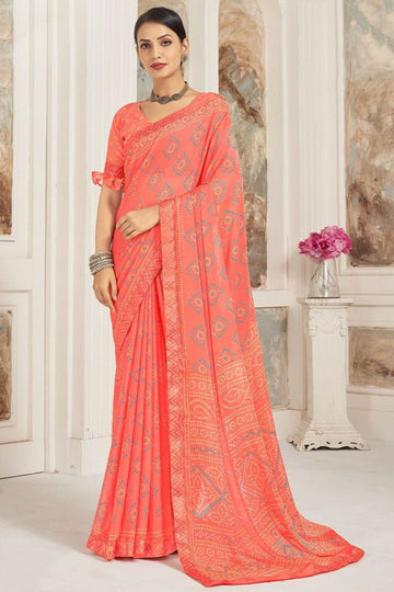 Coral Peach Printed Casual Wear Saree