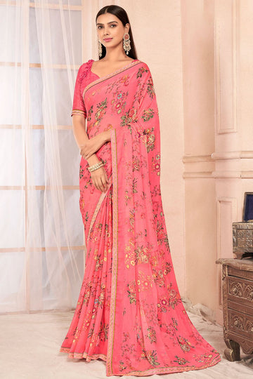 Coral Pink Chiffon Printed Casual Wear Saree