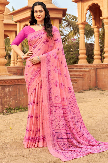 Coral Pink Digital Printed Chiffon Casual Wear Saree