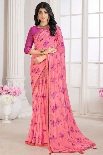 Coral Pink Digital Printed Chiffon Casual Wear Saree