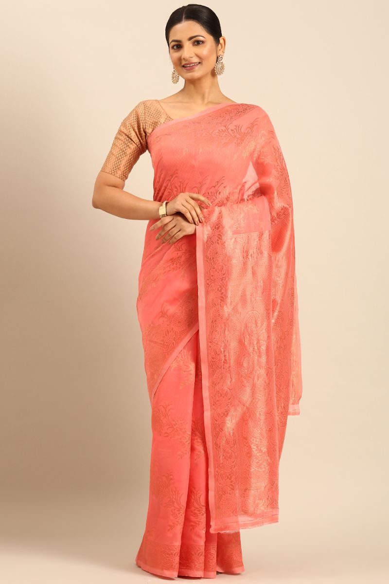 Coral Pink Jacquard Work Cotton Saree