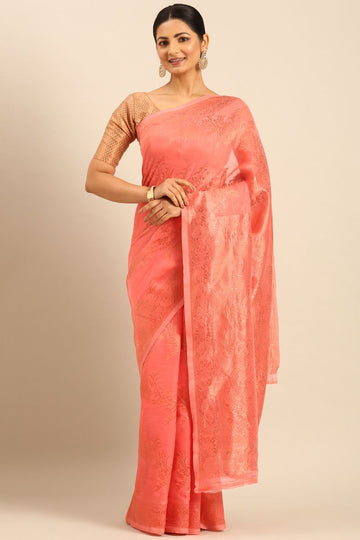 Coral Pink Cotton Jacquard Work Saree