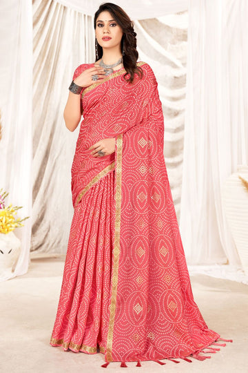 Coral Pink Foil Printed Party Wear Saree