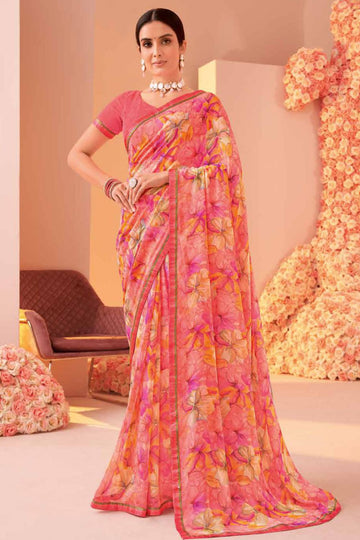 Coral Pink Printed Georgette Casual Wear Saree