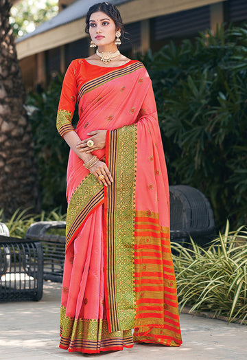 Coral Pink Printed Cotton Saree for Party