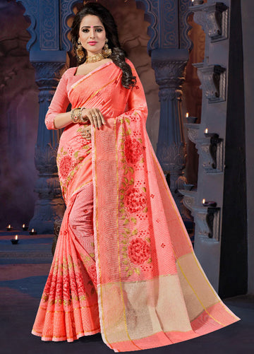 Coral Pink Printed Supernet Saree for Party