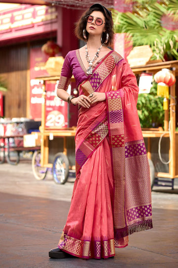 Coral Pink Weaving Work Pure Banarasi Silk Saree