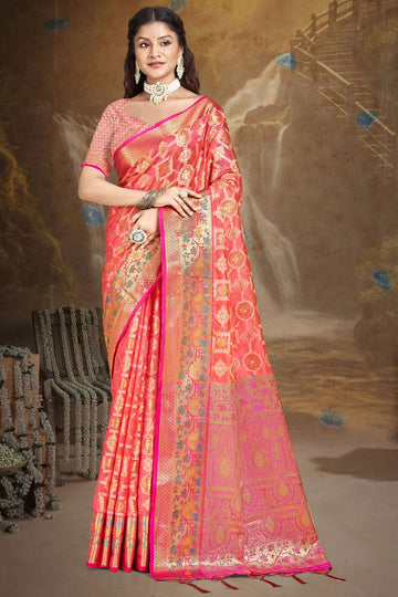 Coral Pink Woven Silk Saree for Festival