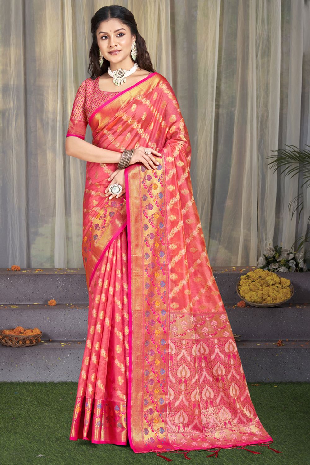 Coral Pink Silk Woven Work Saree