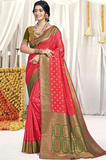 Coral Pink Zari Weaving Silk Saree