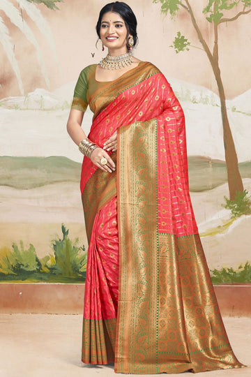 Coral Pink Zari Weaving Silk Saree