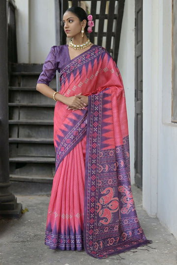 Coral Pink Soft Tussar Silk Party Wear Saree