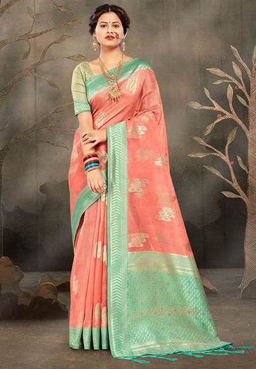 Coral Pink Weaving Kota Cotton Saree