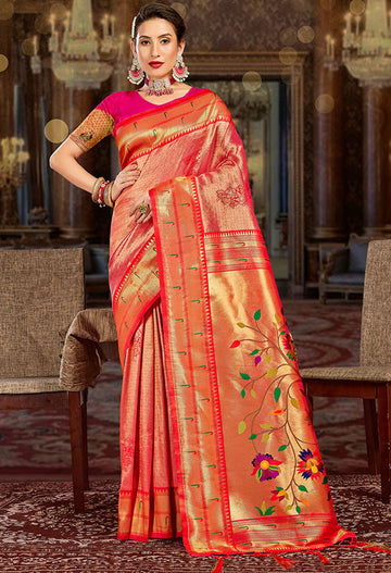 Coral Pink Woven Paithani Silk Saree for Festival