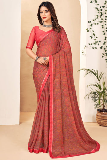 Coral Printed Chiffon Casual Wear Saree