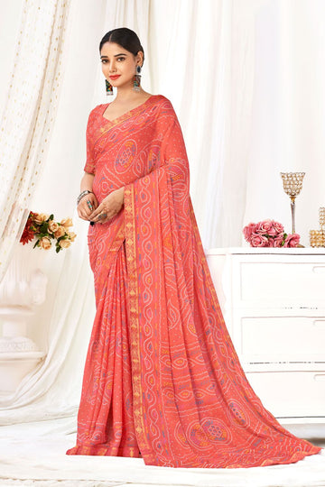 Coral Red Chiffon Printed Casual Wear Saree